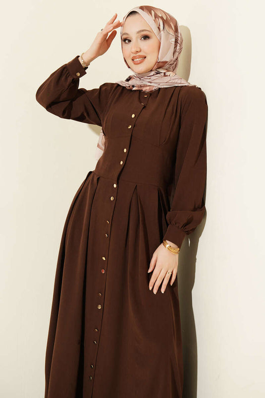 Boydan Gold Düğmeli Pensli Elbise Kahve