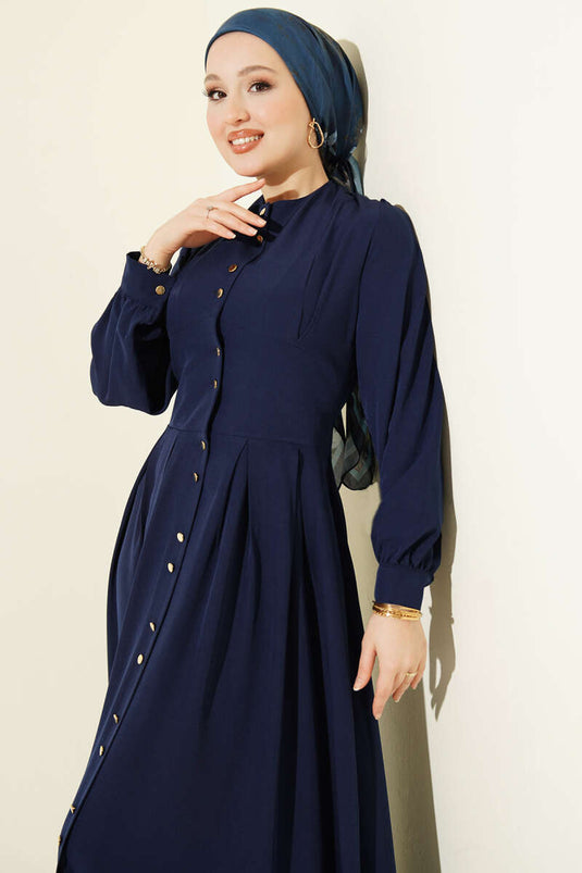 Boydan Gold Düğmeli Pensli Elbise Lacivert