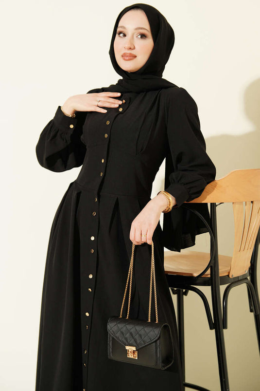 Boydan Gold Düğmeli Pensli Elbise Siyah