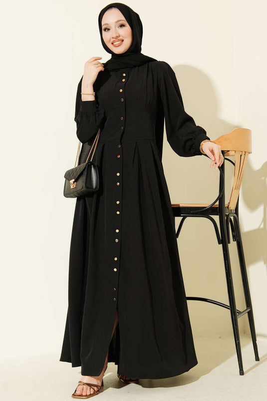 Boydan Gold Düğmeli Pensli Elbise Siyah