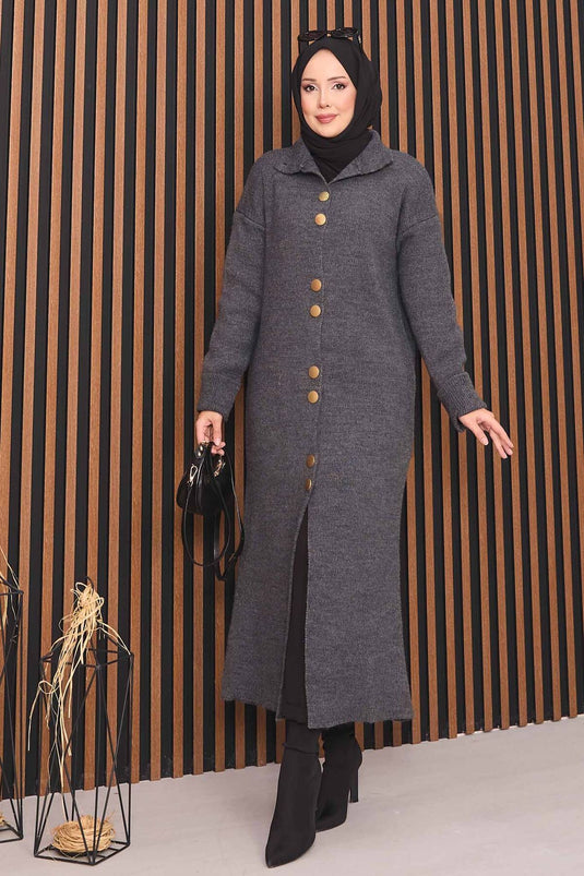 Gilet tricoté avec hijab et boutons dorés, couleur anthracite