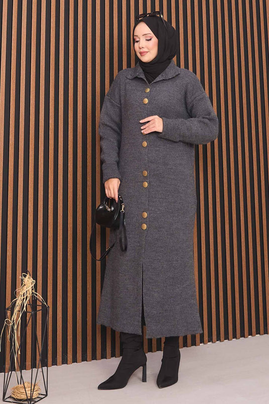 Gilet tricoté avec hijab et boutons dorés, couleur anthracite