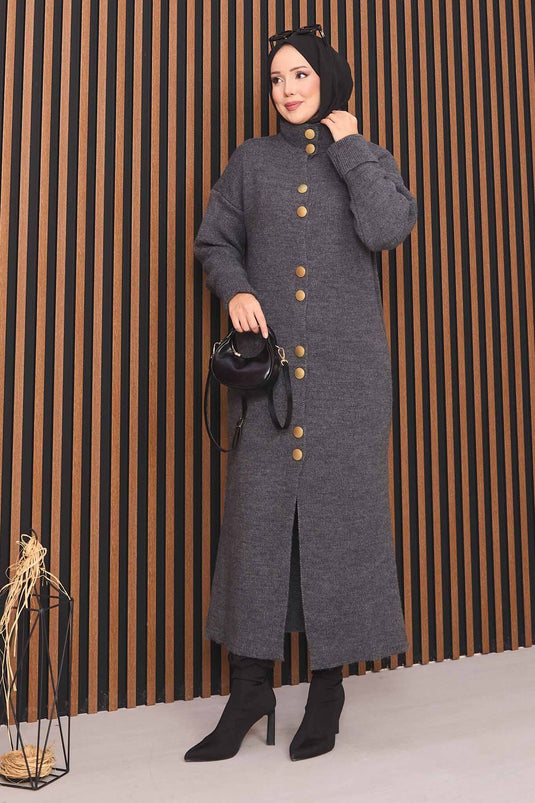 Gilet tricoté avec hijab et boutons dorés, couleur anthracite