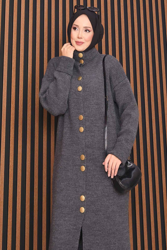 Gilet tricoté avec hijab et boutons dorés, couleur anthracite