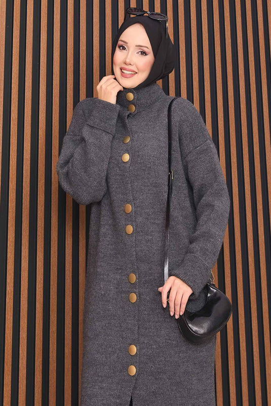 Gilet tricoté avec hijab et boutons dorés, couleur anthracite