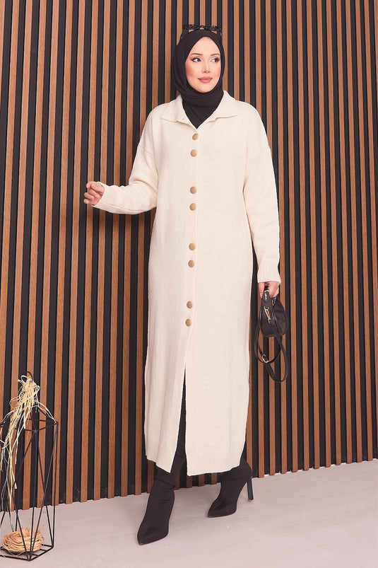Boydan Gold Buttoned Modest Knit Cardigan In Ecru