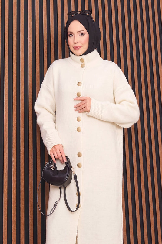 Boydan Gold Buttoned Modest Knit Cardigan In Ecru