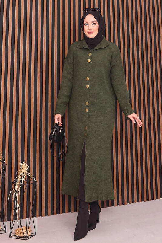 Boydan Gold Buttoned Modest Knit Cardigan In Khaki