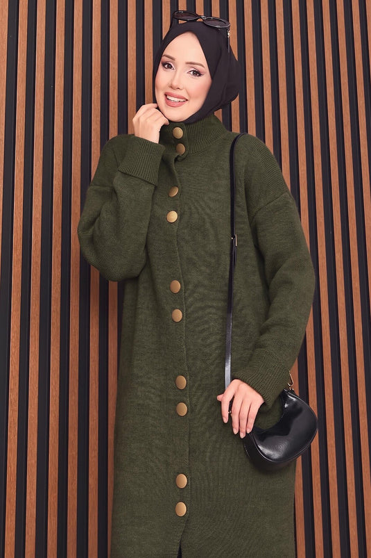 Boydan Gold Buttoned Modest Knit Cardigan In Khaki