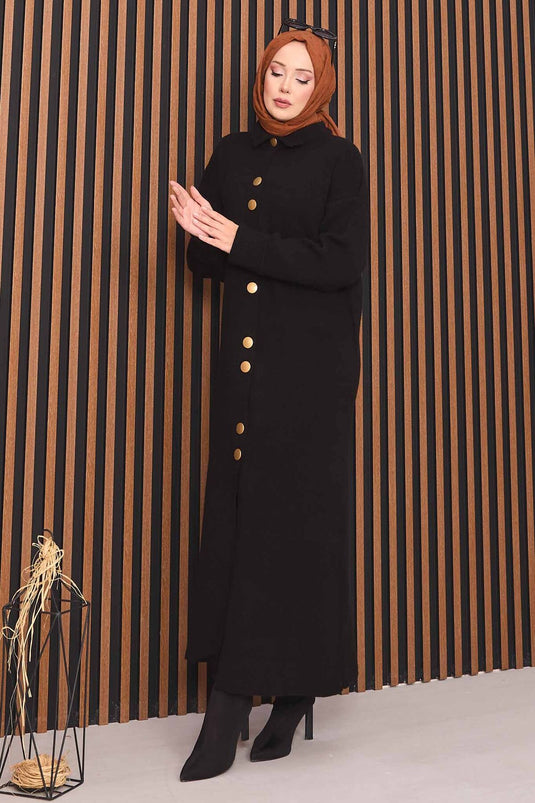 Black Hijab Knitwear Cardigan with Gold Buttons Throughout