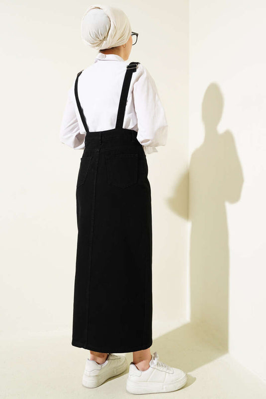 Boydan Metal Düğmeli Askılı Kot Slopet Siyah