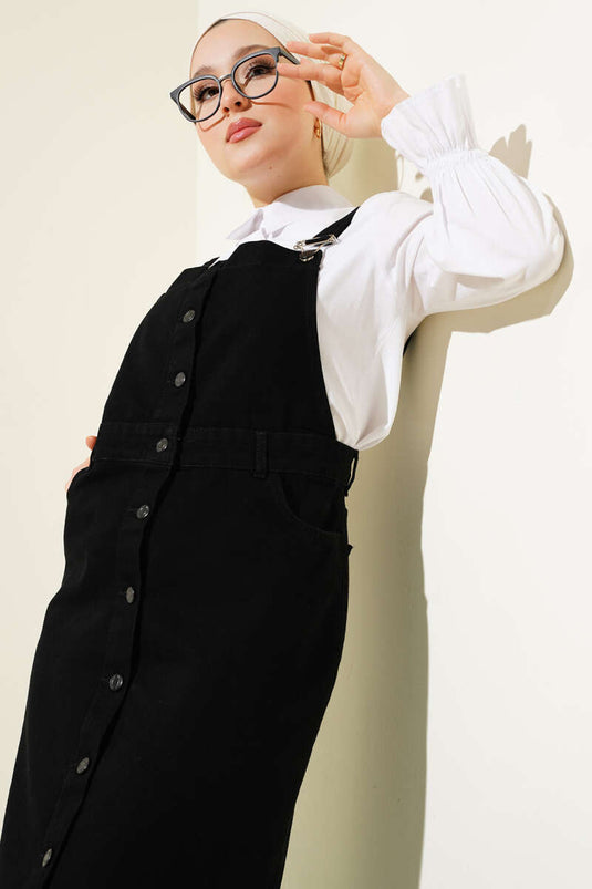 Boydan Metal Düğmeli Askılı Kot Slopet Siyah