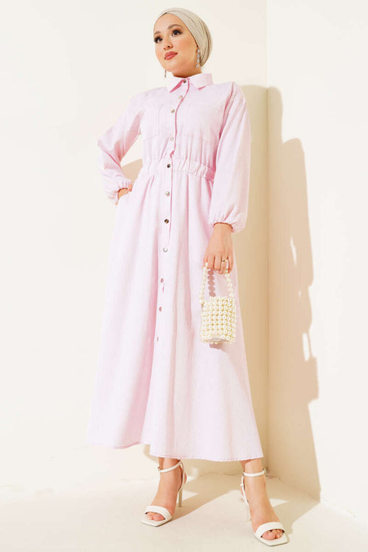 Boydan Metal Buttoned Striped Dress Powder