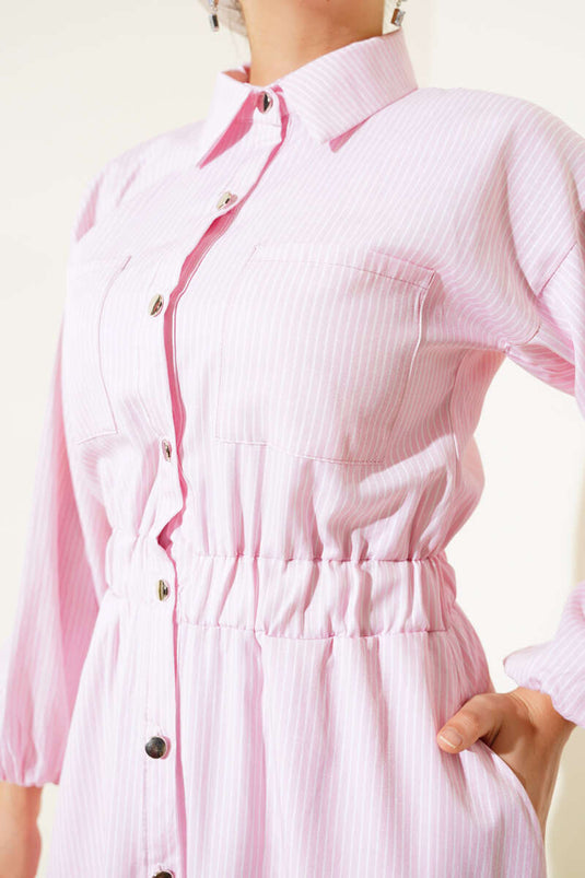 Boydan Metal Buttoned Striped Dress Powder