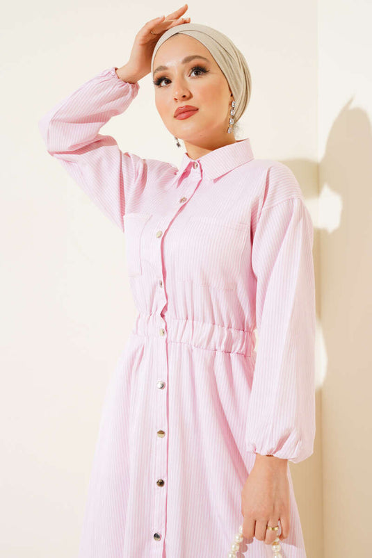 Boydan Metal Buttoned Striped Dress Powder