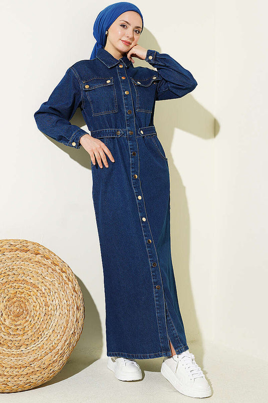 Jeanskleid mit durchgehender Metallknopfleiste, Blau