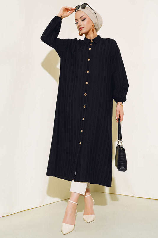 Tunique longue à boutons en bois, entièrement noire