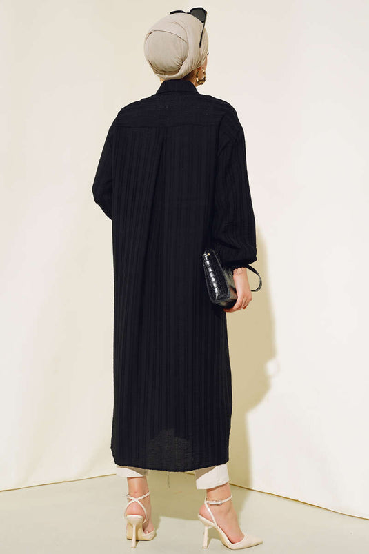 Tunique longue à boutons en bois, entièrement noire