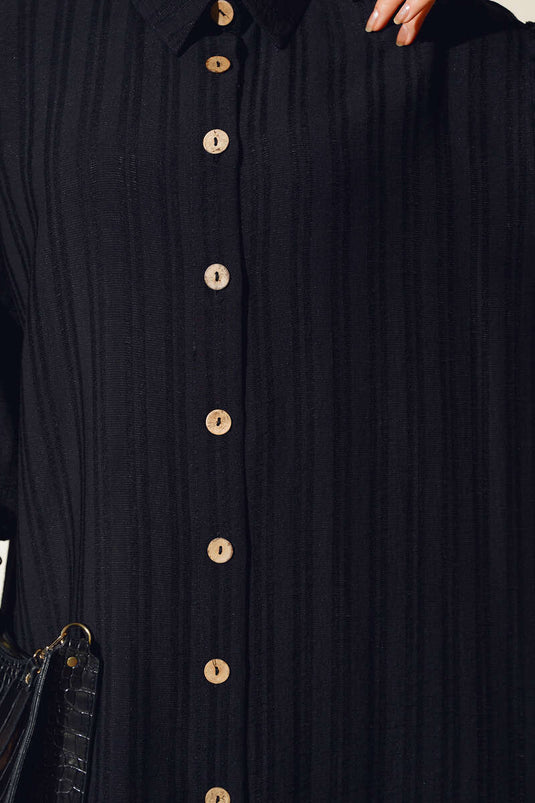 Tunique longue à boutons en bois, entièrement noire