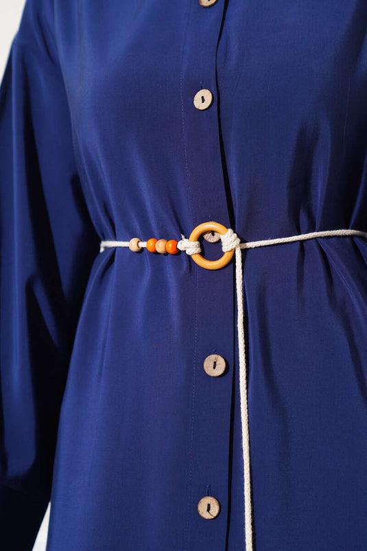 Robe All-over Tensel avec Boutons en Bois Bleu Marine