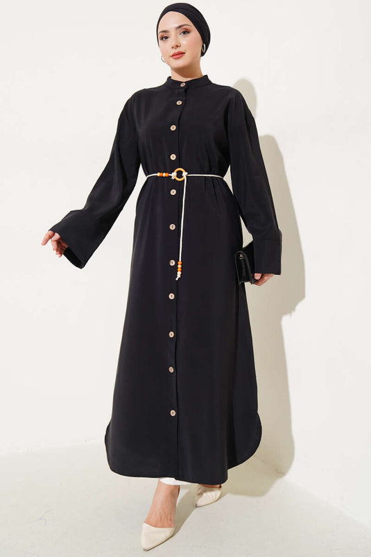 Robe Tensel à Boutons en Bois Allover Noir