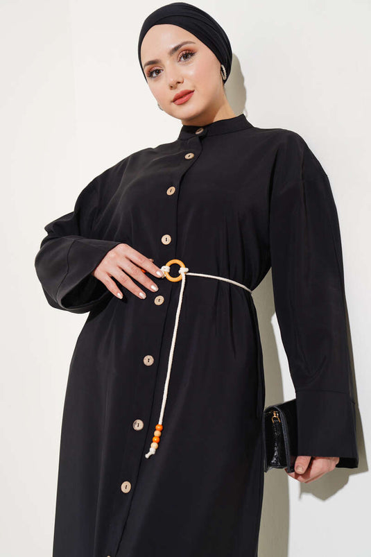 Robe Tensel à Boutons en Bois Allover Noir