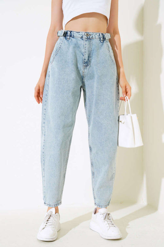 Boyfriend Side Buckle Jeans Light Snow