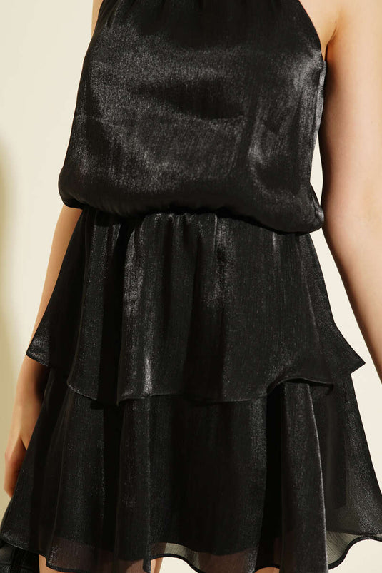 Black Mini Dress with Neck Tie and Elastic Waist