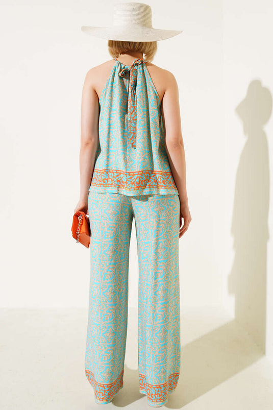 Costume deux pièces à motif ethnique avec cravate, couleur pétrole