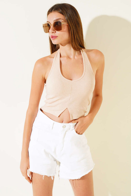 Débardeur court beige à col halter