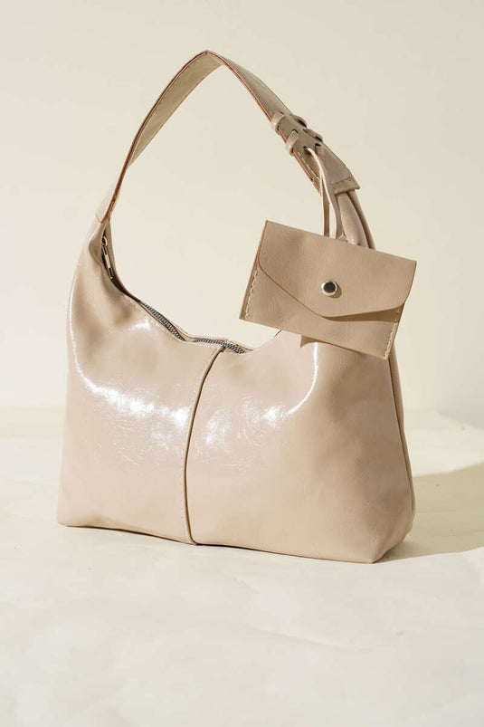 Bozuk Para Cüzdanlı Rugan Çanta Bej