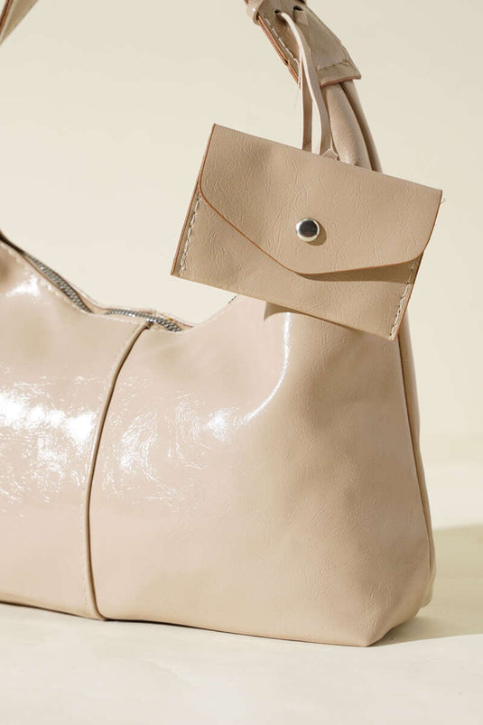 Bozuk Para Cüzdanlı Rugan Çanta Bej