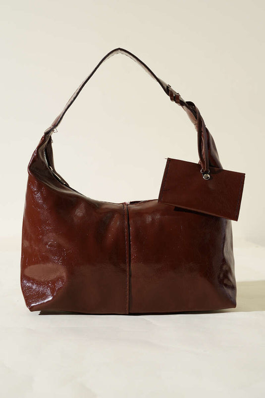 Patent Leather Bag with Coin Purse, Brown