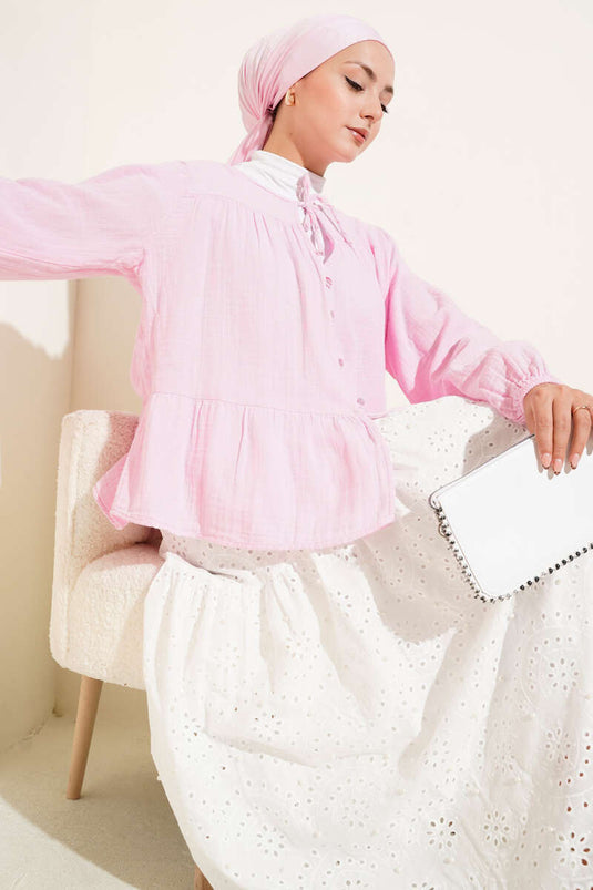 Brit Düğme Detaylı Bluz Pembe