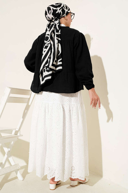 Brit Düğme Detaylı Bluz Siyah