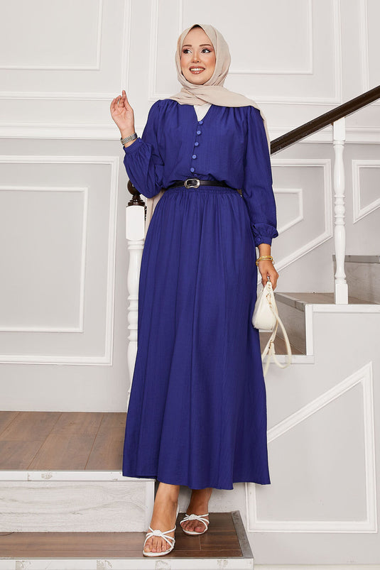 Brit Button Detailed Skirted Two Piece Suit in Saxe