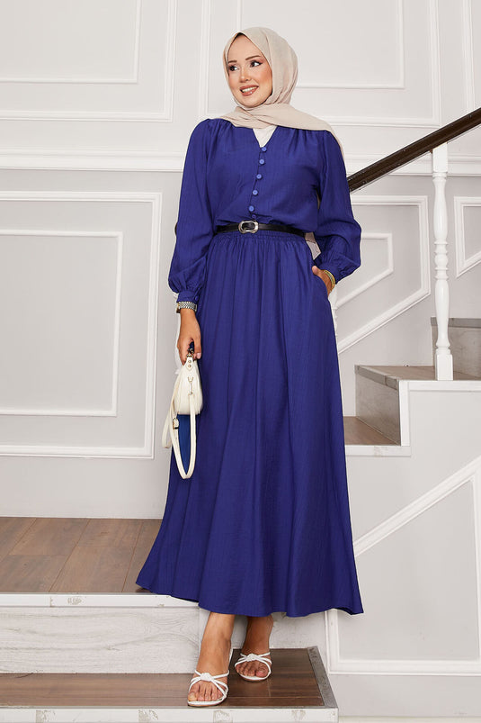 Brit Button Detailed Skirted Two Piece Suit in Saxe