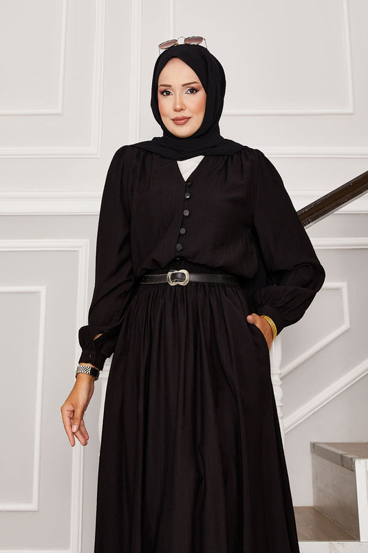 Brit Button Detailed Skirted Two Piece Suit Black