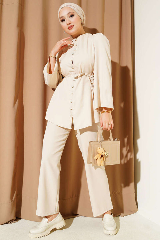 Brit Düğme Detaylı İp Kuşaklı İkili Takım Bej