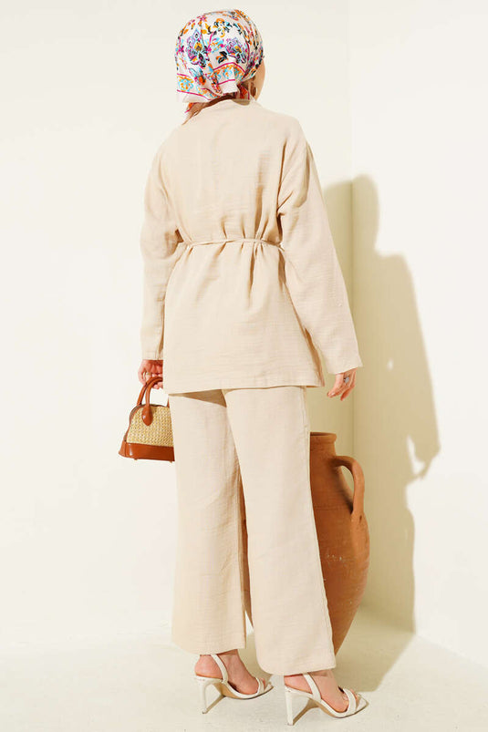 Brit Button Covered Two-Piece Suit Beige