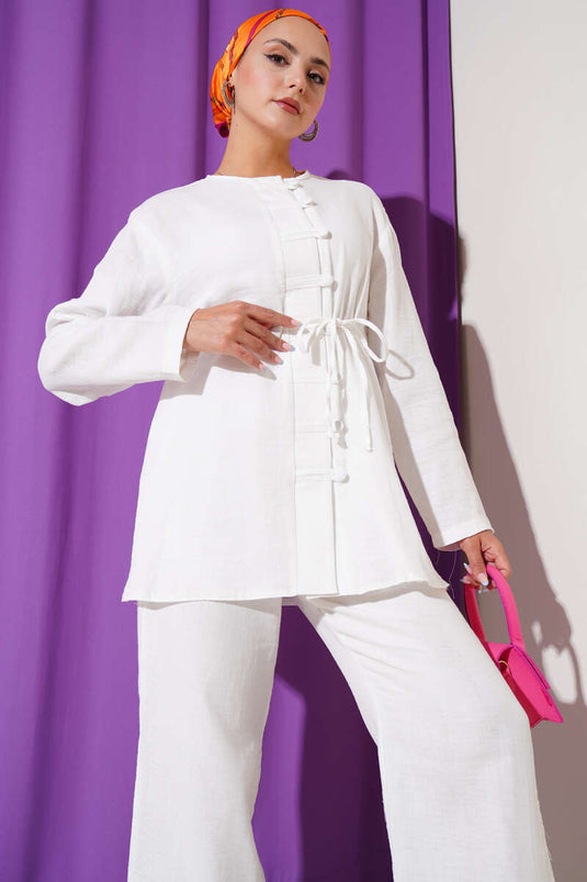 Brit Button Covered Two Piece Suit White