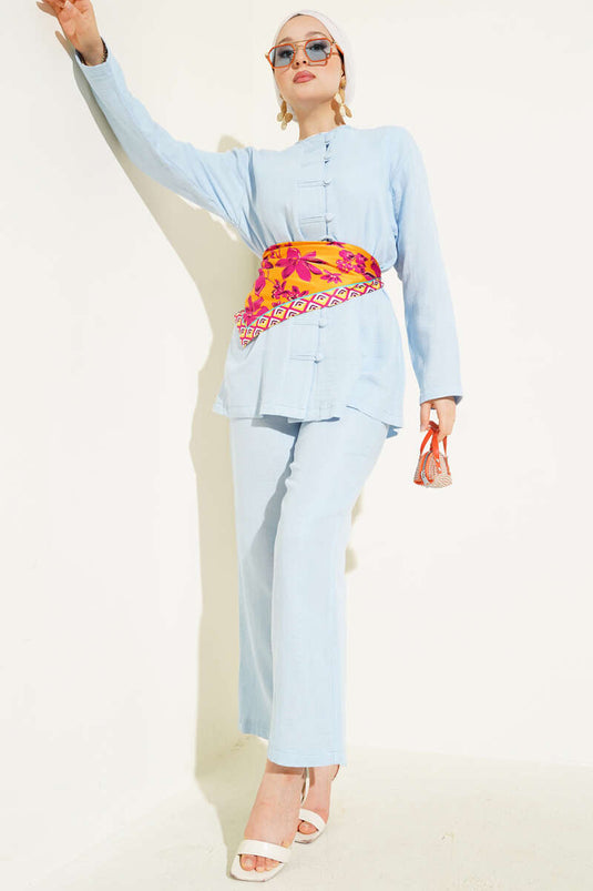 Brit Düğme Kaplamalı İkili Takım Mavi