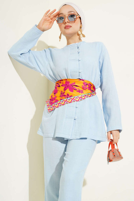 Brit Düğme Kaplamalı İkili Takım Mavi