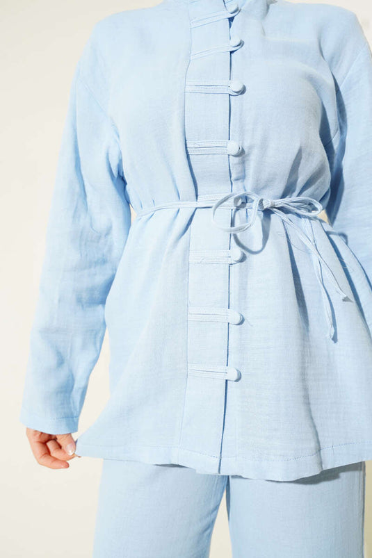 Brit Düğme Kaplamalı İkili Takım Mavi