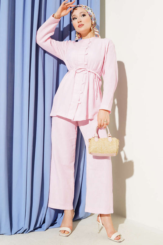 Brit Düğme Kaplamalı İkili Takım Pembe