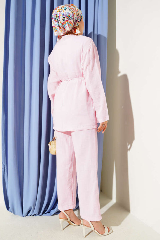 Brit Düğme Kaplamalı İkili Takım Pembe