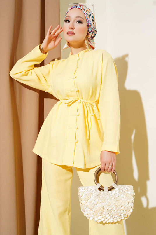 Brit Düğme Kaplamalı İkili Takım Sarı