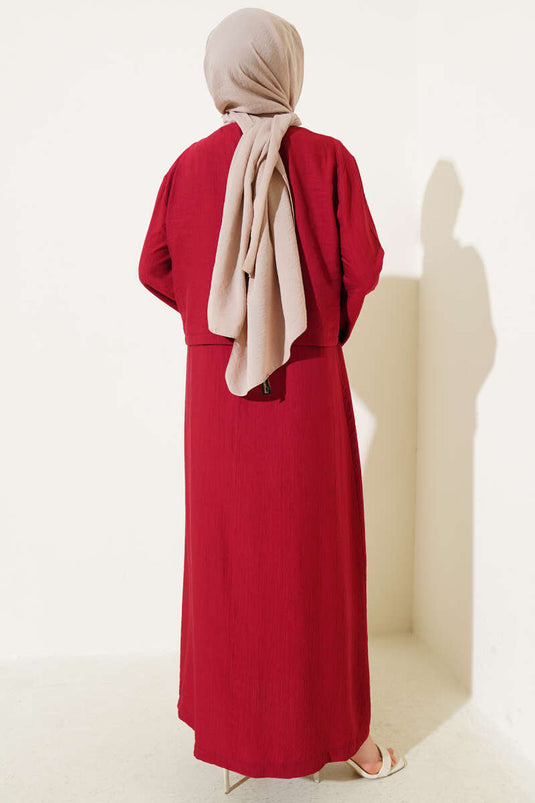 طقم بلوزة وسترة بأزرار من بريت مكون من قطعتين باللون العنابي