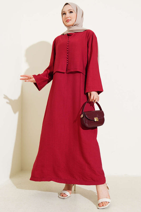 Brit Düğmeli Bluzlu Jile İkili Takım Bordo