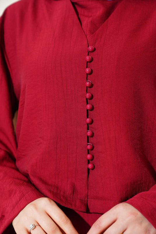 Brit Düğmeli Bluzlu Jile İkili Takım Bordo